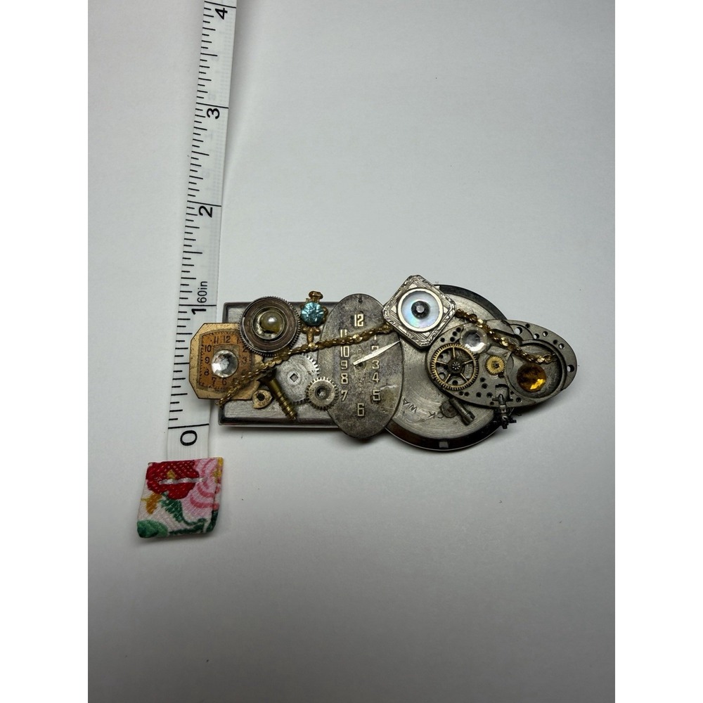 VTG Steampunk Watch Parts & Crystals 3.5" Handmade Artisan Brooch MARCI - Picture 4 of 5